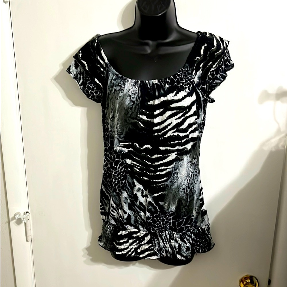 Self-Esteem woman’s blouse, short sleeves, black, and white animal print